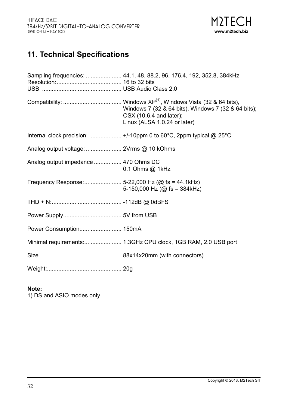 M2tech, Technical specifications | M2TECH hiFace Dac User Manual | Page 32 / 32