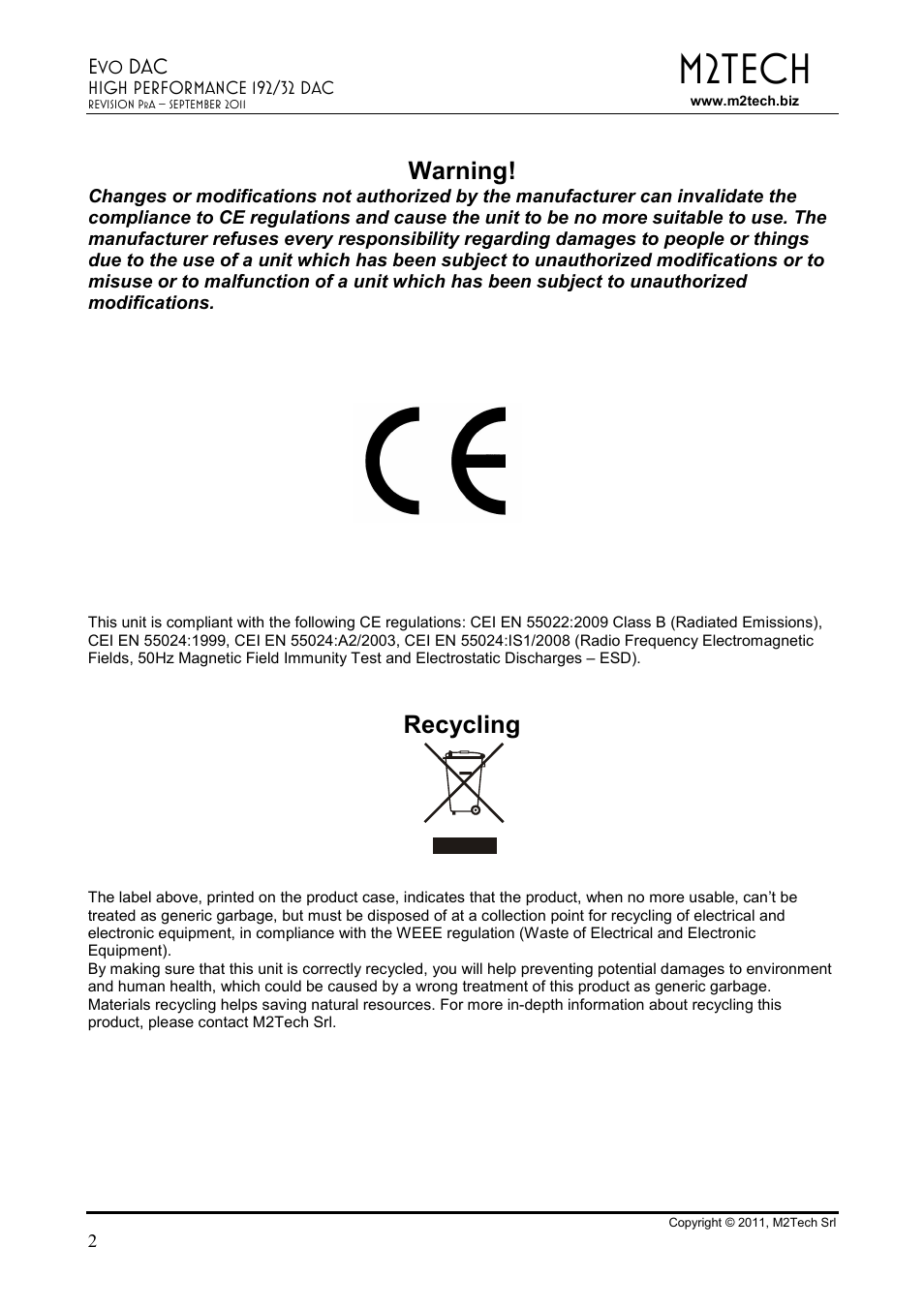 M2tech, Warning, Recycling | M2TECH Evo Dac User Manual | Page 2 / 10