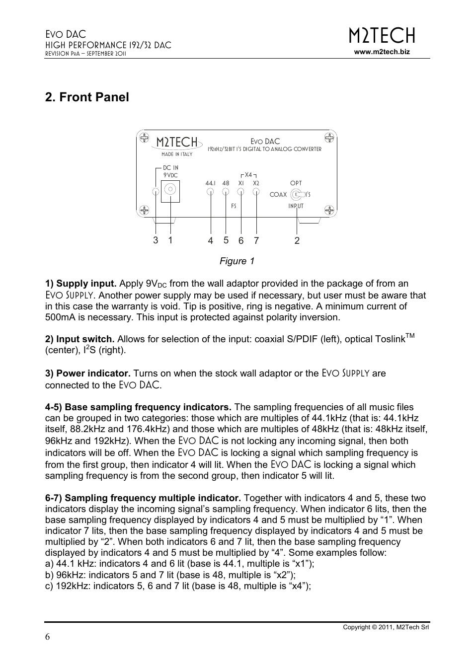 M2tech, Front panel | M2TECH Evo Dac User Manual | Page 6 / 10