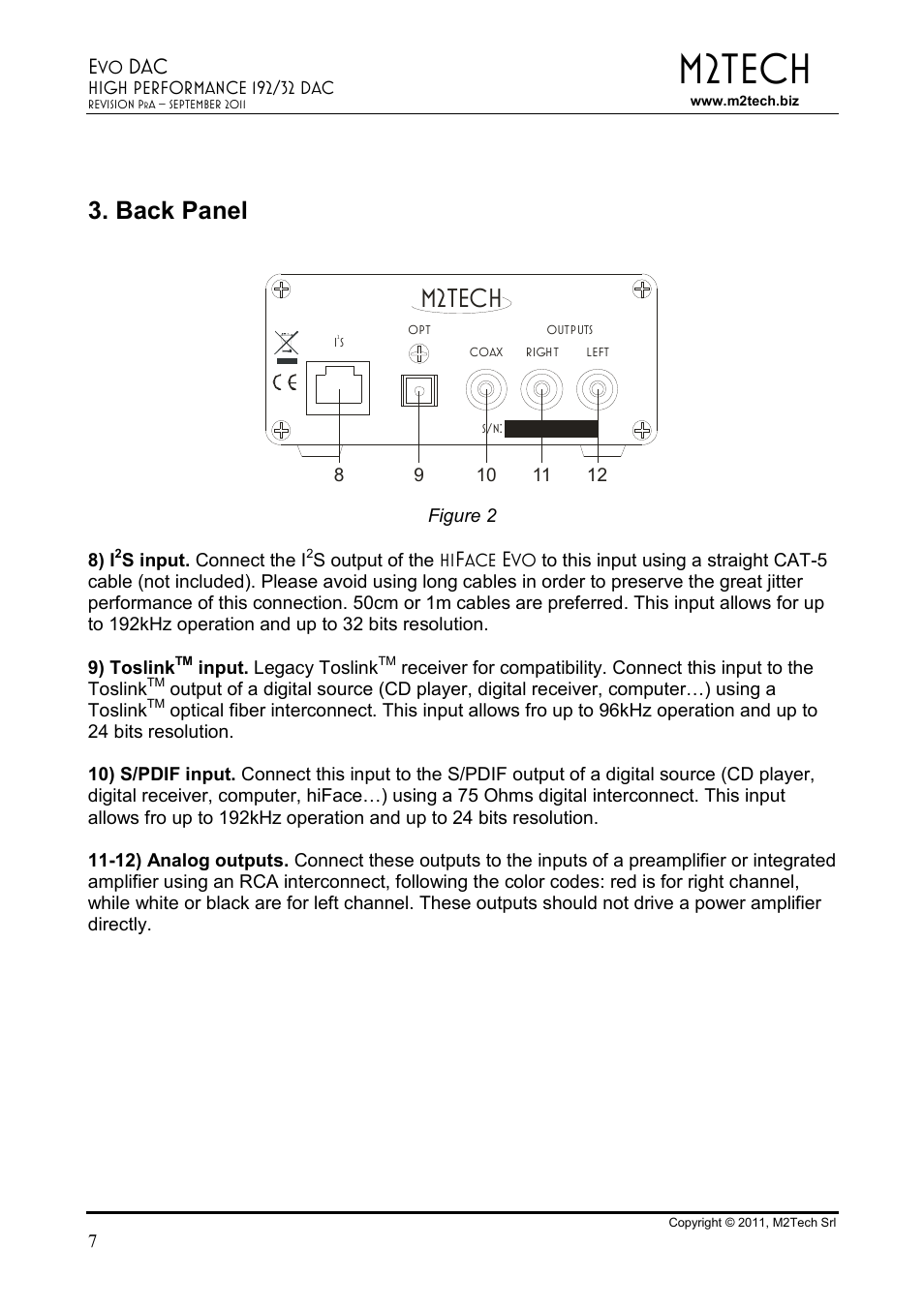 M2tech, Back panel | M2TECH Evo Dac User Manual | Page 7 / 10