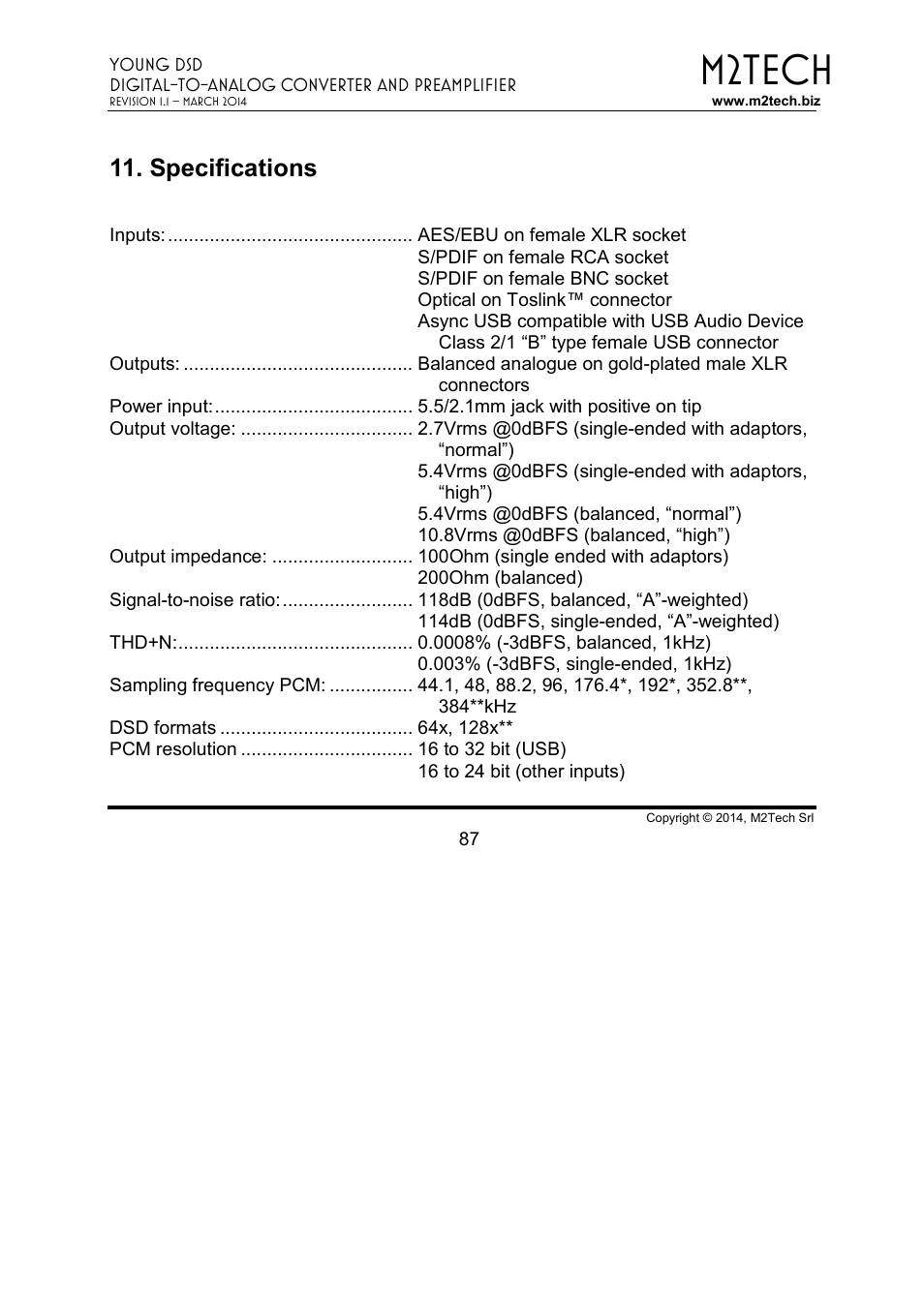 M2tech, Specifications | M2TECH Young DSD User Manual | Page 87 / 88
