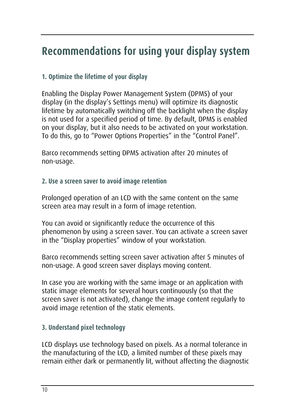 Recommendations for using your display system | Barco MDRC-2124 User Manual | Page 10 / 48