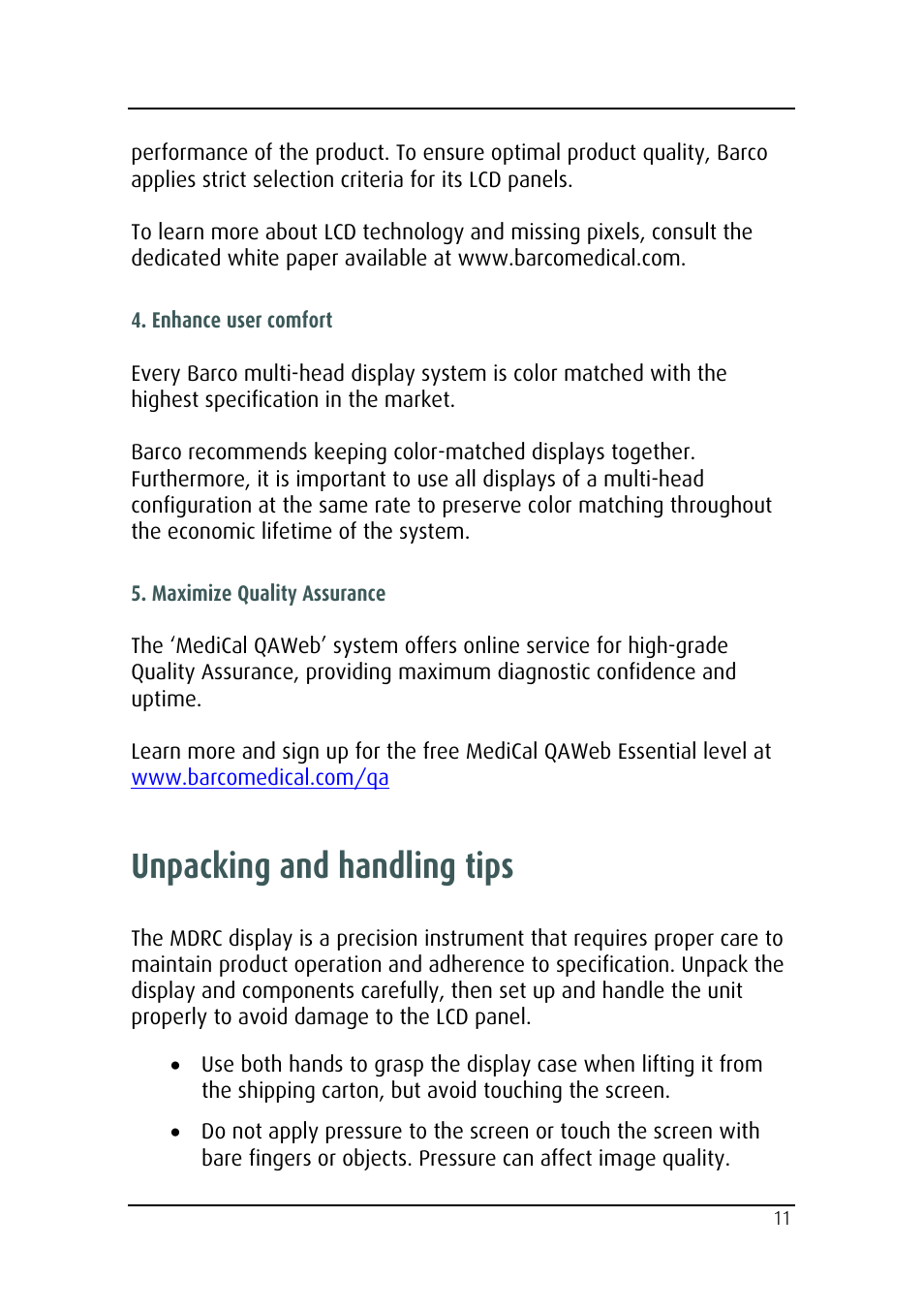 Unpacking and handling tips | Barco MDRC-2124 User Manual | Page 11 / 48