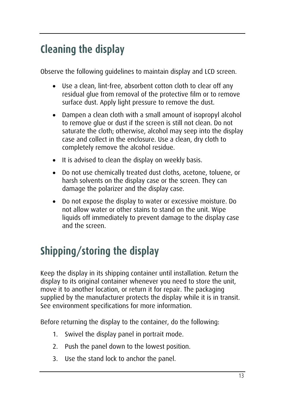 Cleaning the display, Shipping/storing the display | Barco MDRC-2124 User Manual | Page 13 / 48