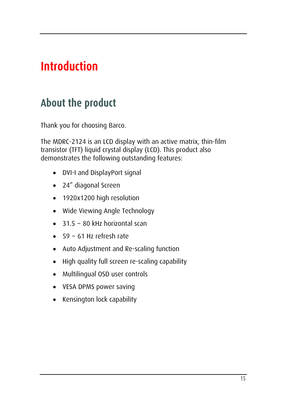 Introduction, About the product | Barco MDRC-2124 User Manual | Page 15 / 48