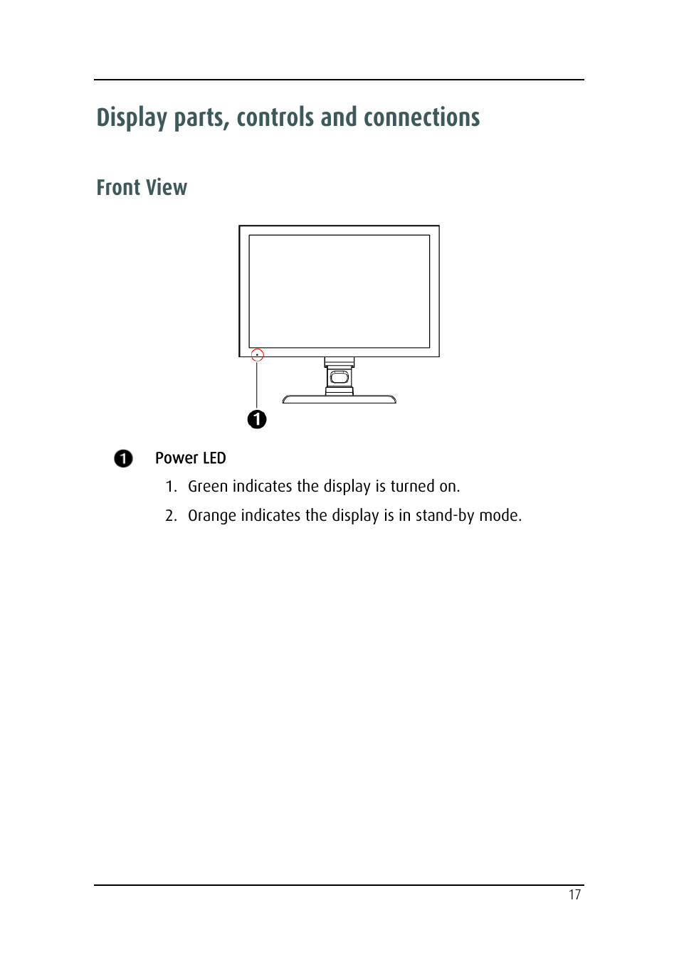 Display parts, controls and connections, Front view | Barco MDRC-2124 User Manual | Page 17 / 48