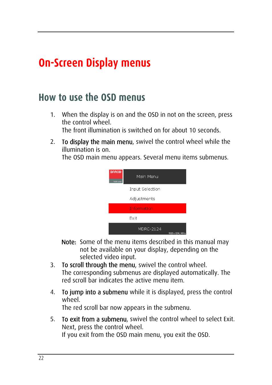 On-screen display menus, How to use the osd menus | Barco MDRC-2124 User Manual | Page 22 / 48