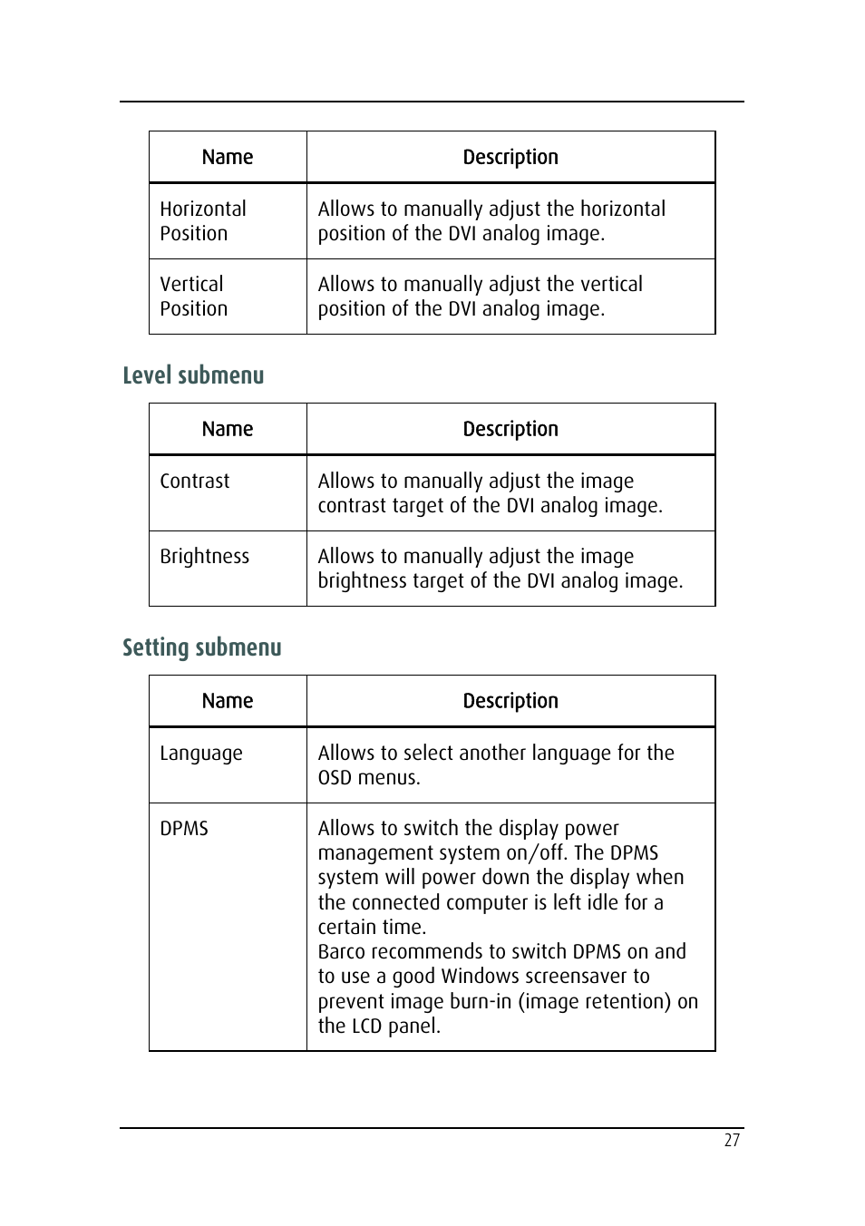 Level submenu, Setting submenu | Barco MDRC-2124 User Manual | Page 27 / 48