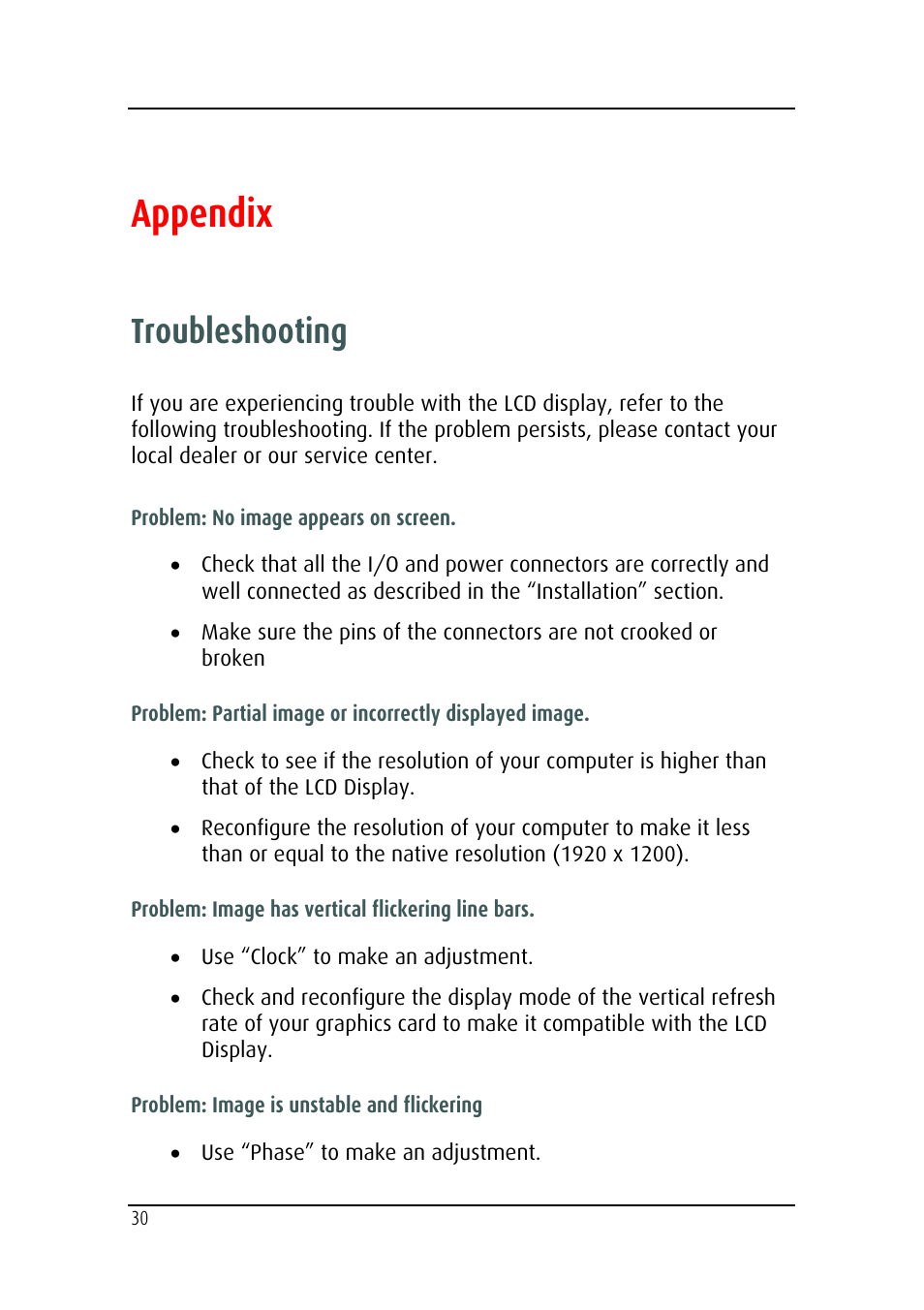 Appendix, Troubleshooting | Barco MDRC-2124 User Manual | Page 30 / 48