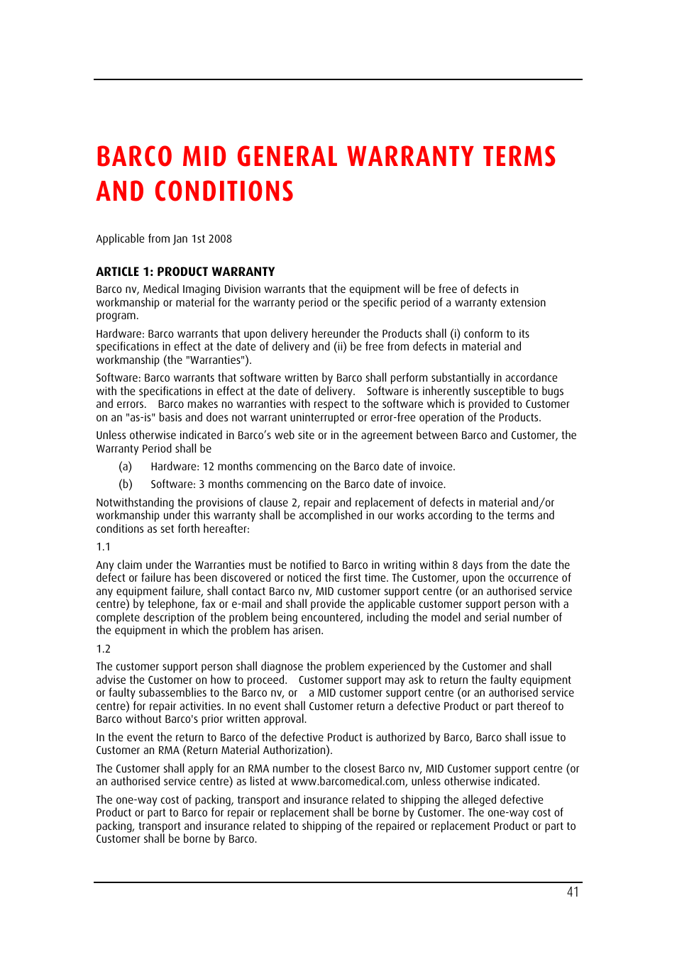 Barco mid general warranty terms and conditions | Barco MDRC-2124 User Manual | Page 41 / 48