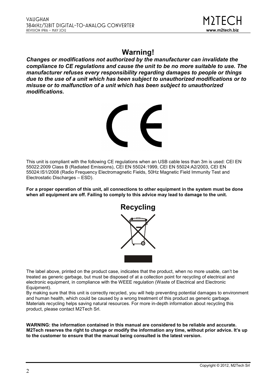 M2tech, Warning, Recycling | M2TECH Vaughan User Manual | Page 2 / 33