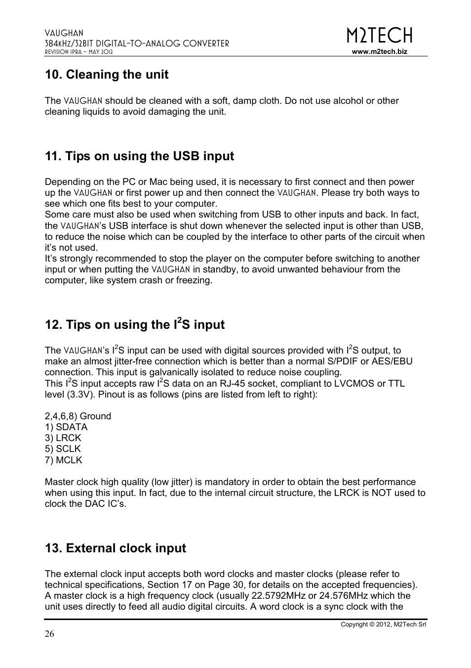 M2tech, Cleaning the unit, Tips on using the usb input | Tips on using the i, S input, External clock input | M2TECH Vaughan User Manual | Page 26 / 33
