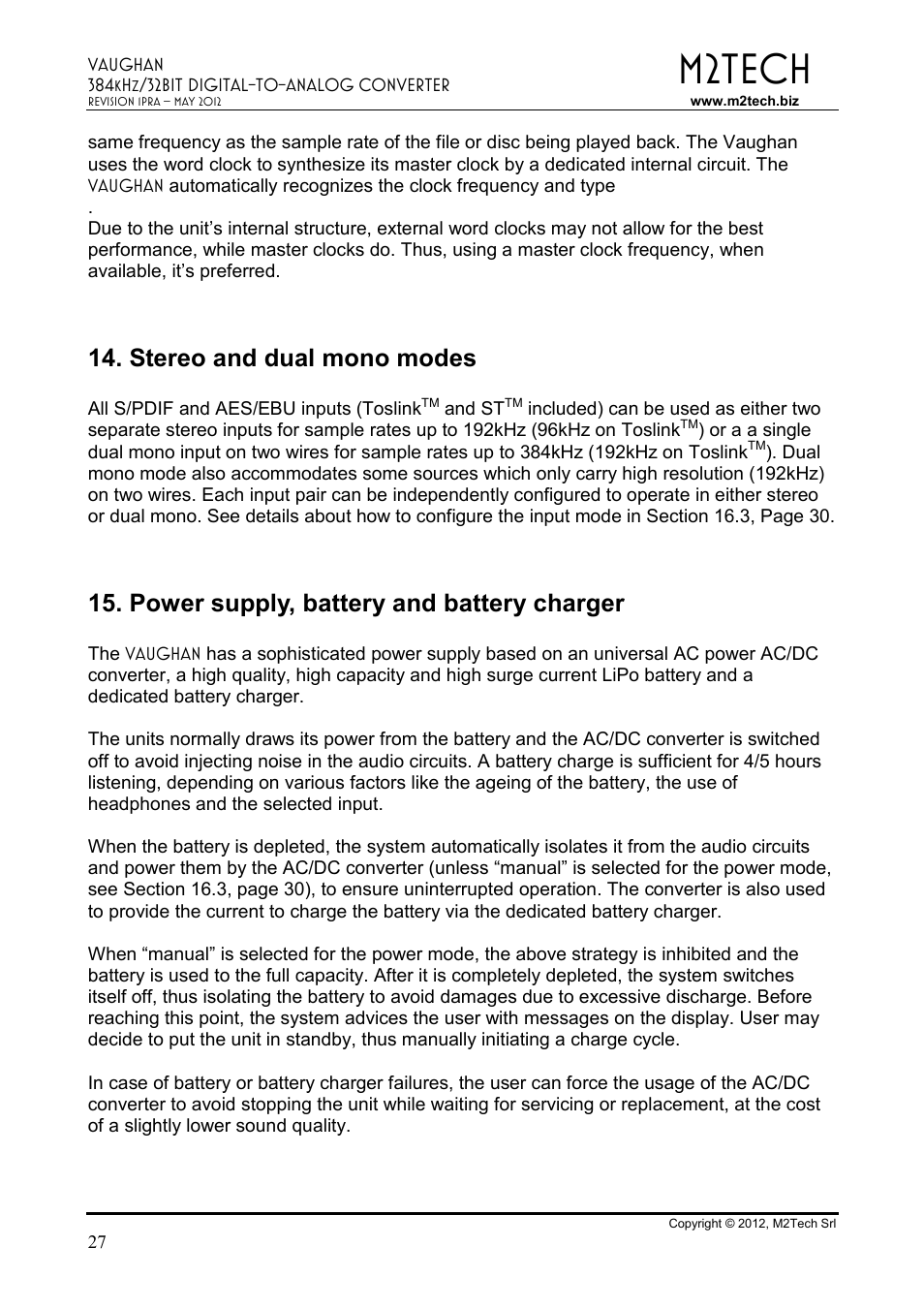M2tech, Stereo and dual mono modes, Power supply, battery and battery charger | M2TECH Vaughan User Manual | Page 27 / 33