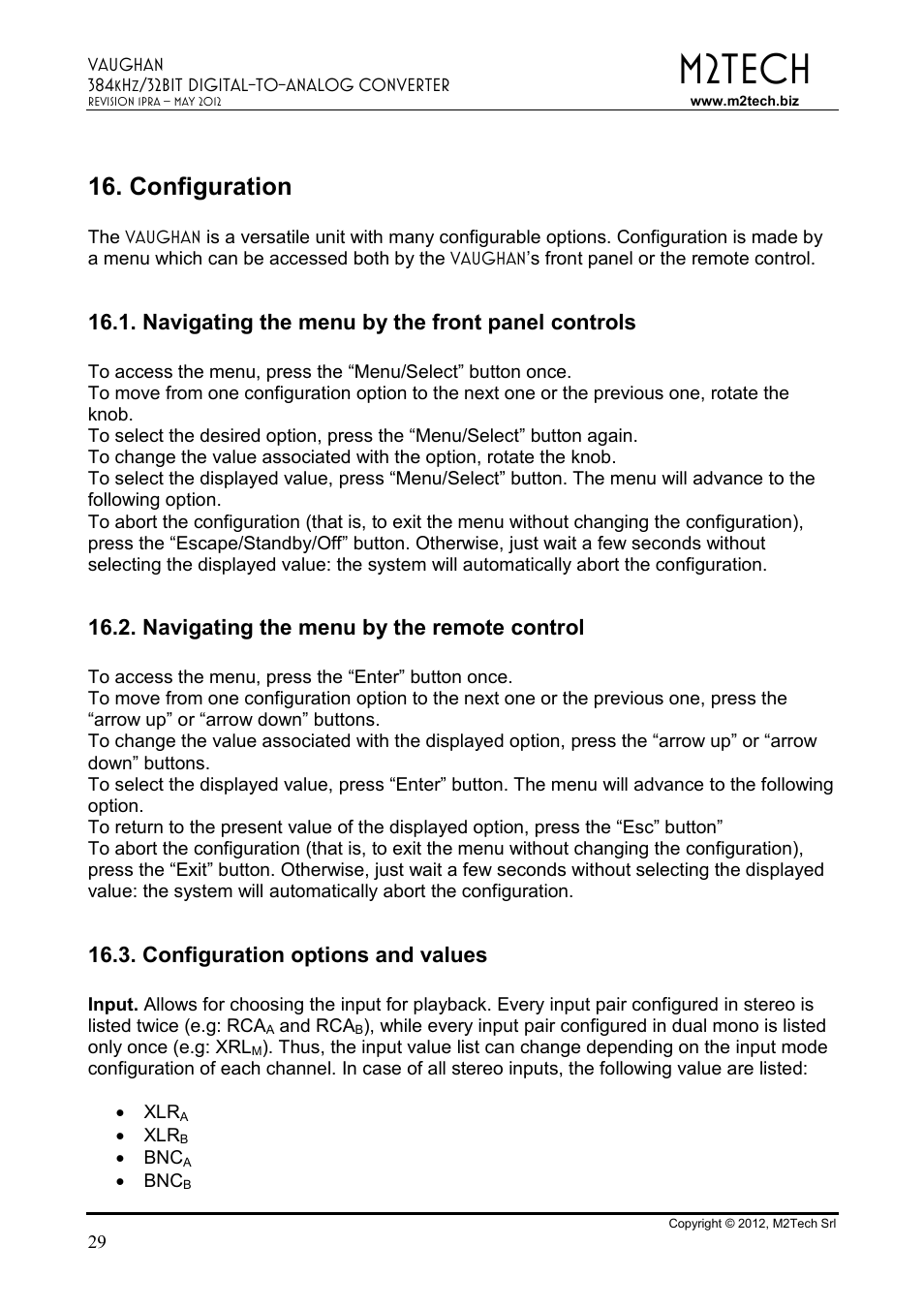 M2tech, Configuration, Navigating the menu by the front panel controls | Navigating the menu by the remote control, Configuration options and values | M2TECH Vaughan User Manual | Page 29 / 33