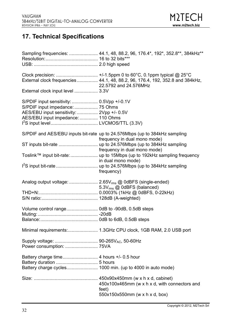 M2tech, Technical specifications | M2TECH Vaughan User Manual | Page 32 / 33