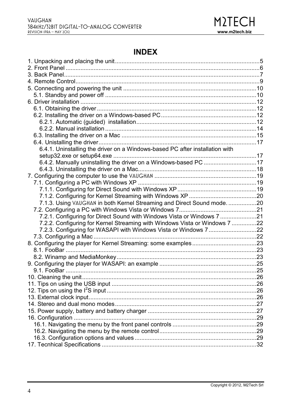 M2tech, Index | M2TECH Vaughan User Manual | Page 4 / 33