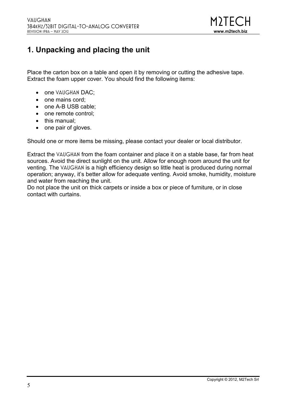 M2tech, Unpacking and placing the unit | M2TECH Vaughan User Manual | Page 5 / 33