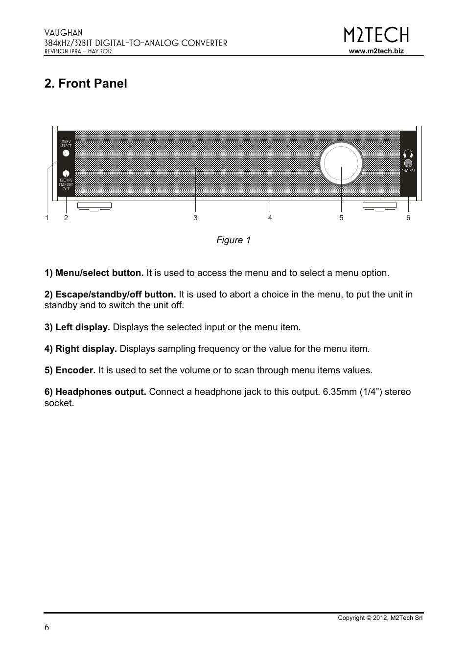 M2tech, Front panel | M2TECH Vaughan User Manual | Page 6 / 33