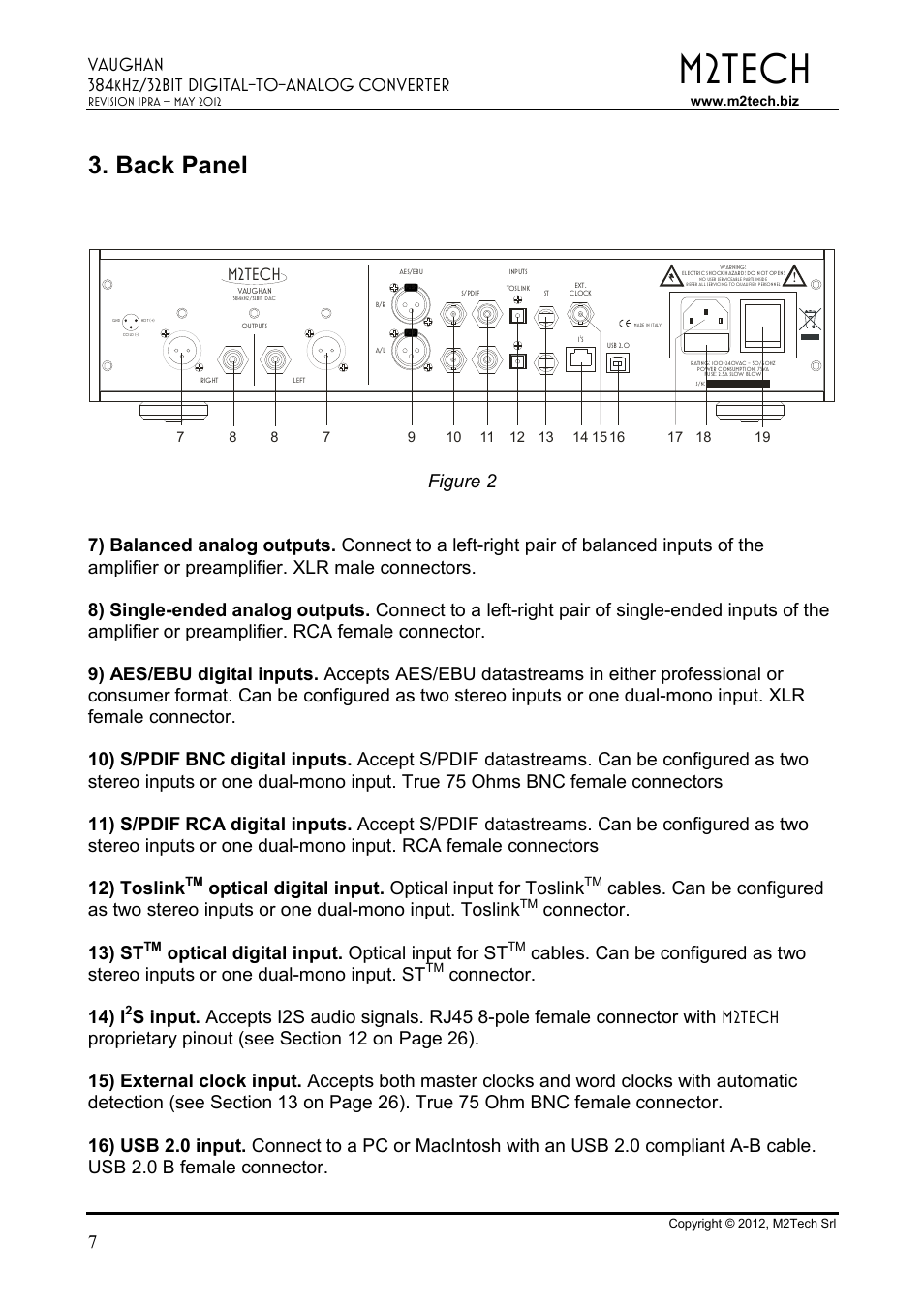 M2tech, Back panel, Vaughan 384 | 32bit digital-to-analog converter, Optical digital input. optical input for toslink, Connector. 13) st, Optical digital input. optical input for st, Connector. 14) i | M2TECH Vaughan User Manual | Page 7 / 33
