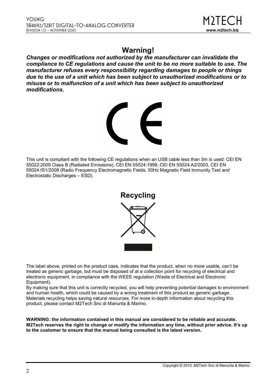 M2tech, Warning, Recycling | M2TECH Young User Manual | Page 2 / 24