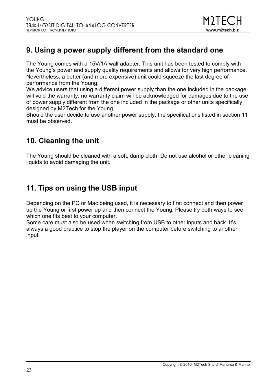 M2tech, Cleaning the unit, Tips on using the usb input | M2TECH Young User Manual | Page 23 / 24