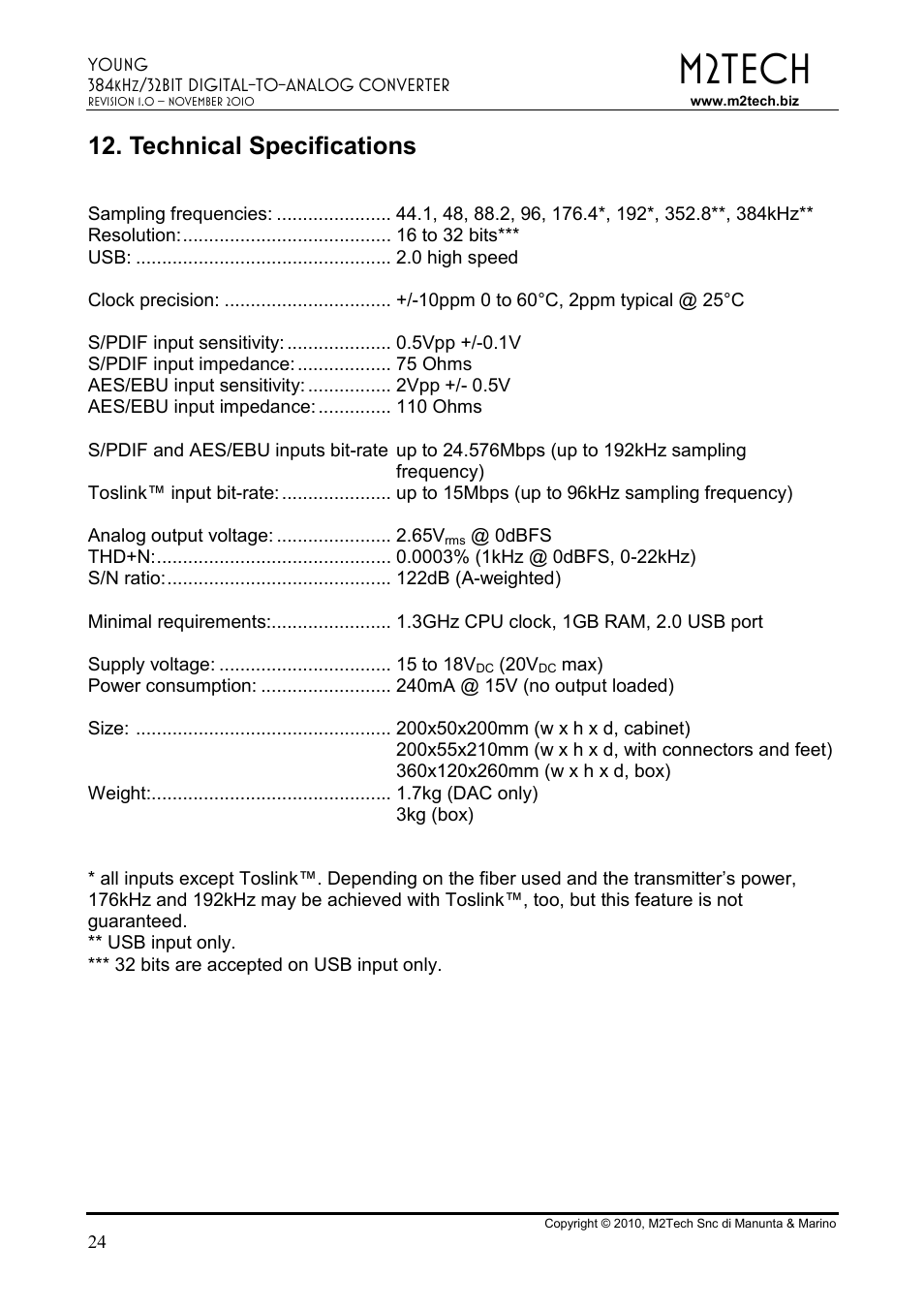 M2tech, Technical specifications | M2TECH Young User Manual | Page 24 / 24