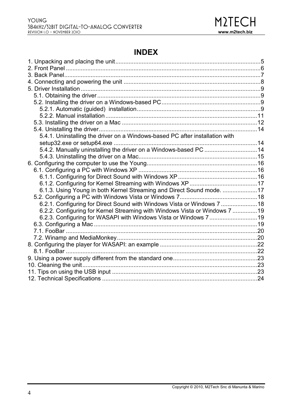 M2tech, Index | M2TECH Young User Manual | Page 4 / 24