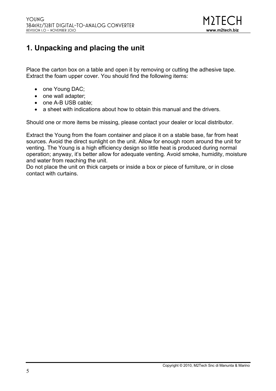M2tech, Unpacking and placing the unit | M2TECH Young User Manual | Page 5 / 24