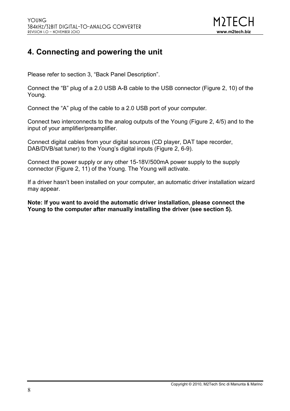 M2tech, Connecting and powering the unit | M2TECH Young User Manual | Page 8 / 24