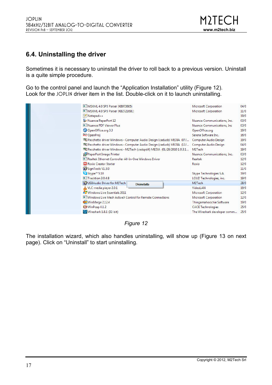 M2tech, Uninstalling the driver | M2TECH Joplin User Manual | Page 17 / 40