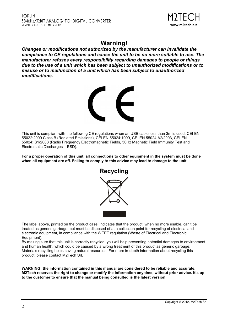M2tech, Warning, Recycling | M2TECH Joplin User Manual | Page 2 / 40