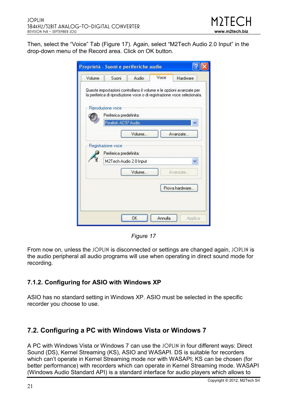 M2tech, Configuring a pc with windows vista or windows 7 | M2TECH Joplin User Manual | Page 21 / 40