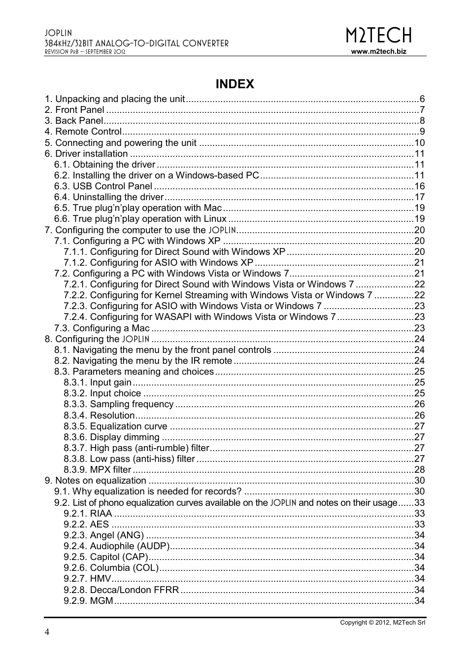M2tech, Index | M2TECH Joplin User Manual | Page 4 / 40
