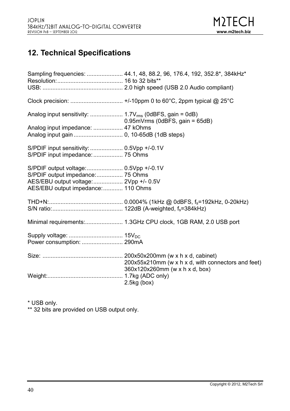 M2tech, Technical specifications | M2TECH Joplin User Manual | Page 40 / 40