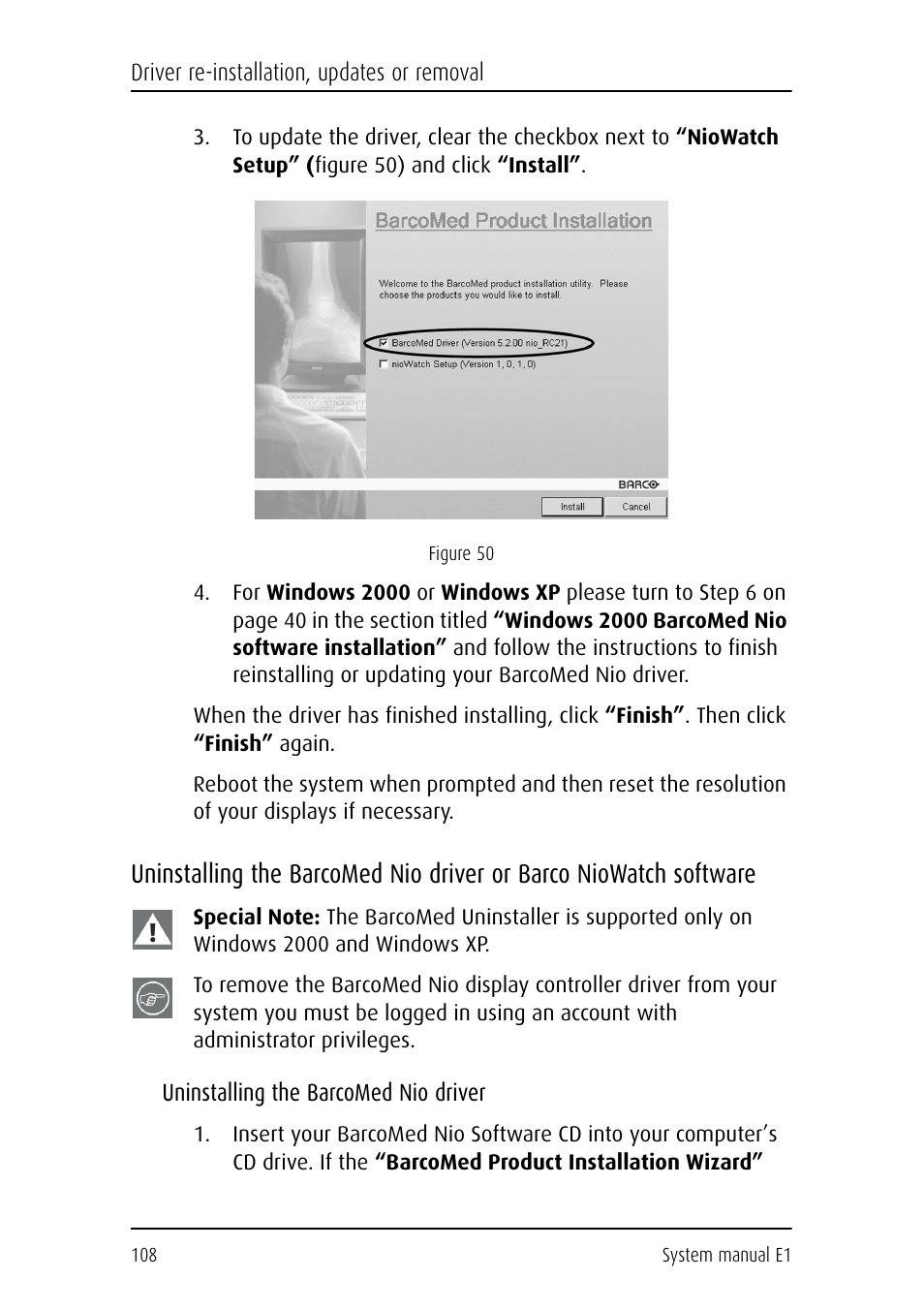 Uninstalling the barcomed nio driver, Software | Barco E1 User Manual | Page 107 / 124