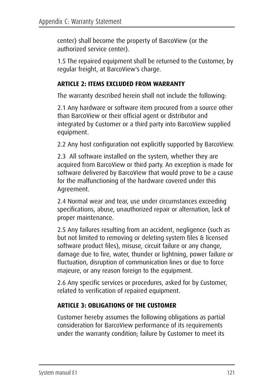 Article 2: items excluded from warranty, Article 3: obligations of the customer | Barco E1 User Manual | Page 120 / 124