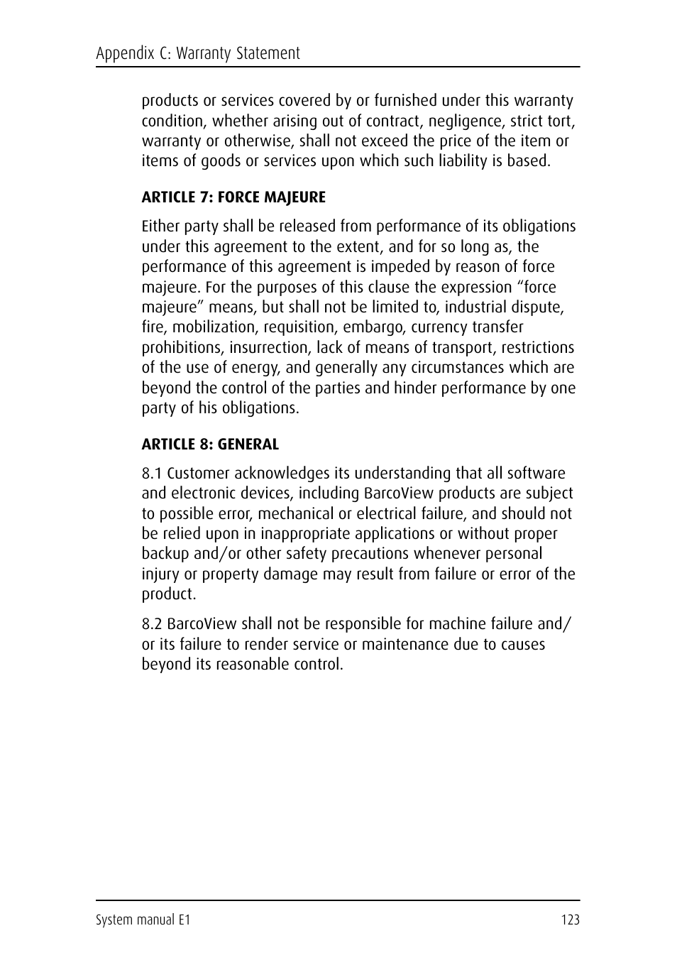 Article 7: force majeure, Article 8: general | Barco E1 User Manual | Page 122 / 124