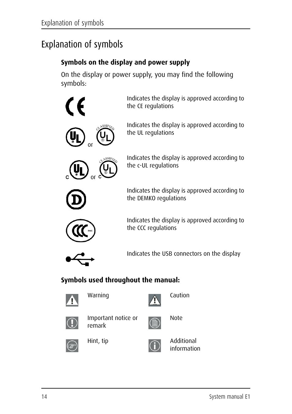 Explanation of symbols, Symbols on the display and power supply, Symbols used throughout the manual | Barco E1 User Manual | Page 13 / 124