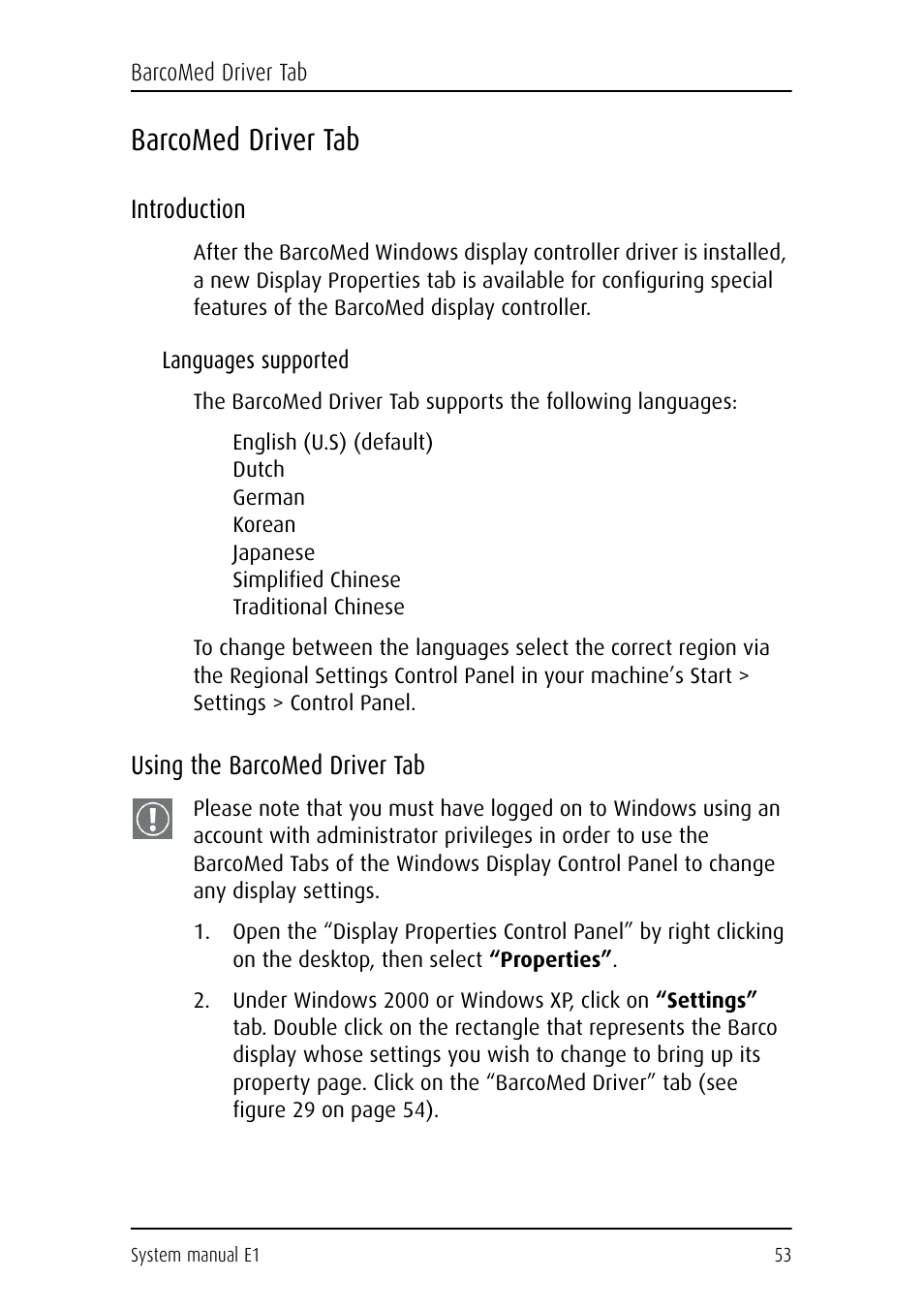 Barcomed driver tab, Introduction, Languages supported | Using the barcomed driver tab, Introduction using the barcomed driver tab | Barco E1 User Manual | Page 52 / 124