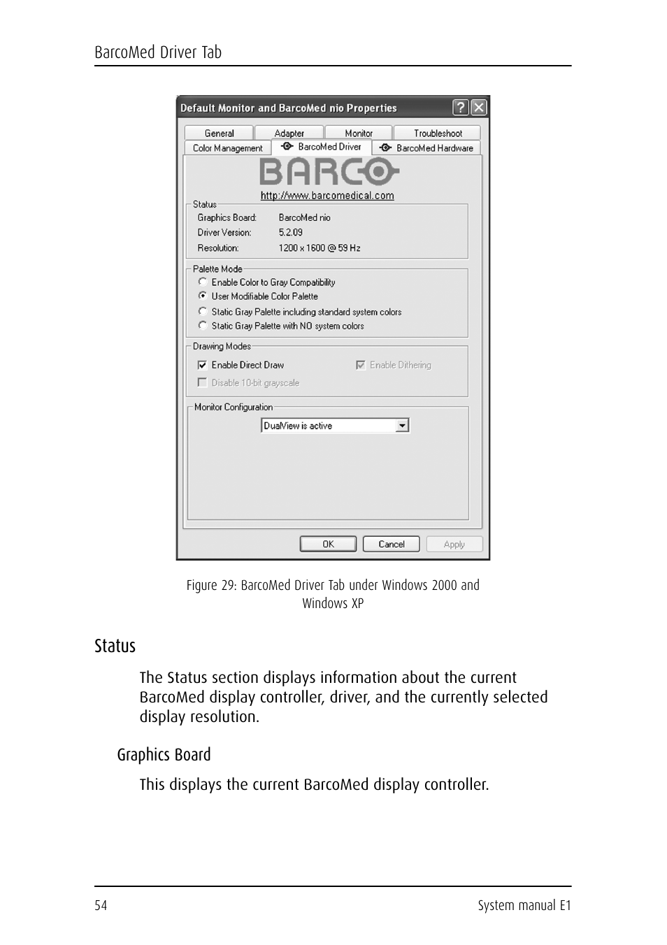 Status, Graphics board | Barco E1 User Manual | Page 53 / 124