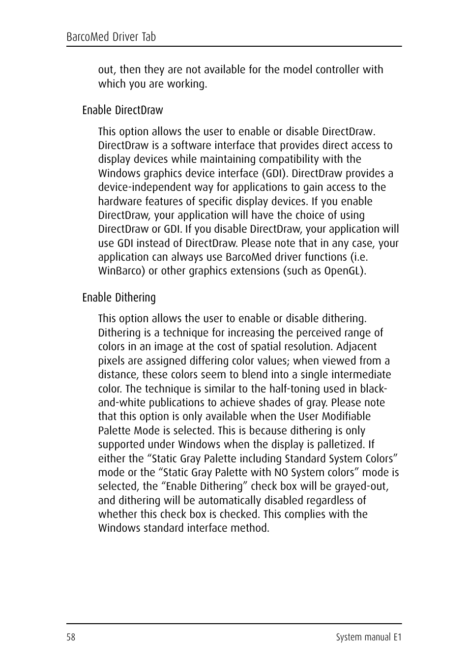 Enable directdraw, Enable dithering | Barco E1 User Manual | Page 57 / 124