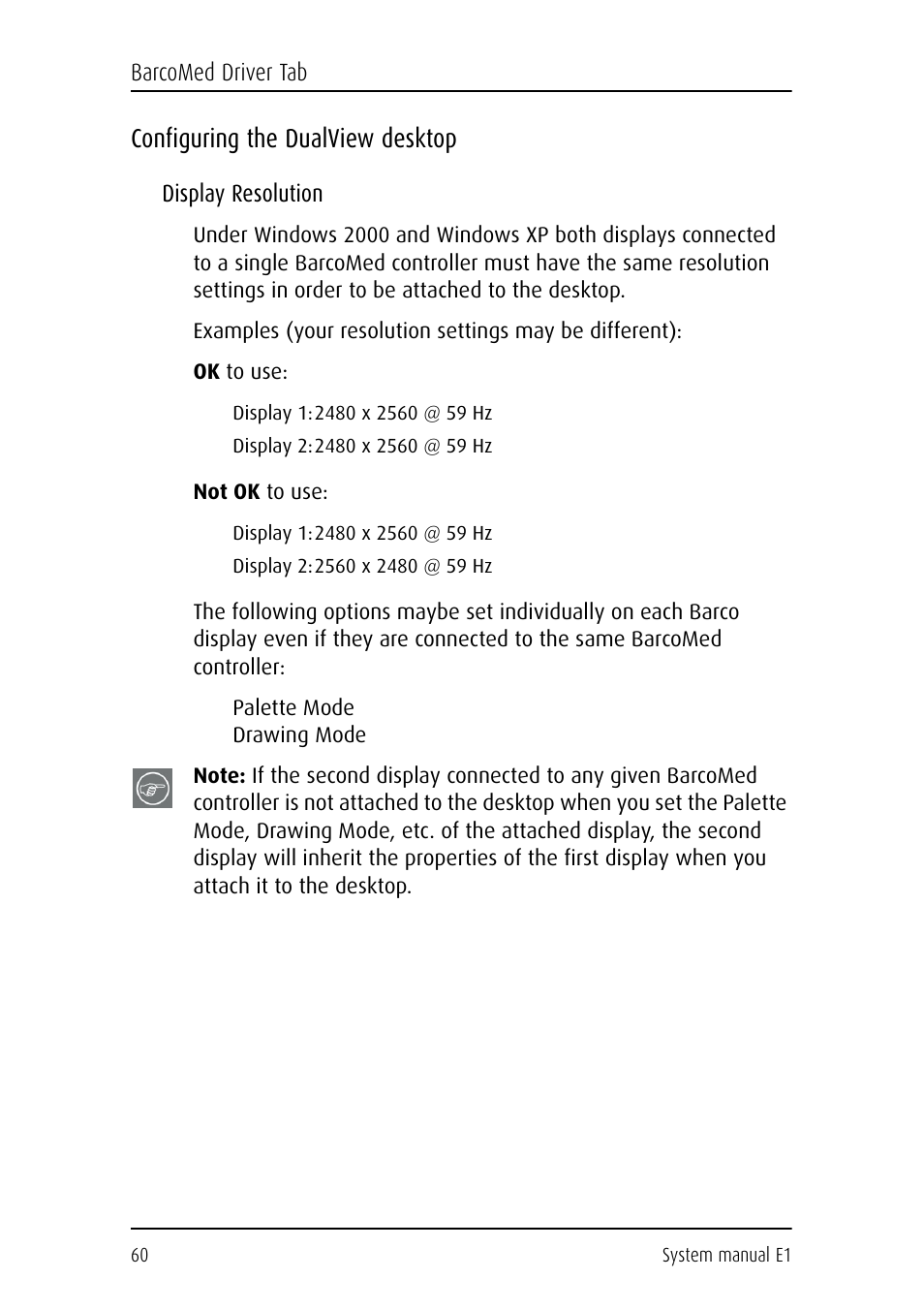 Configuring the dualview desktop, Display resolution, Ok to use | Not ok to use | Barco E1 User Manual | Page 59 / 124