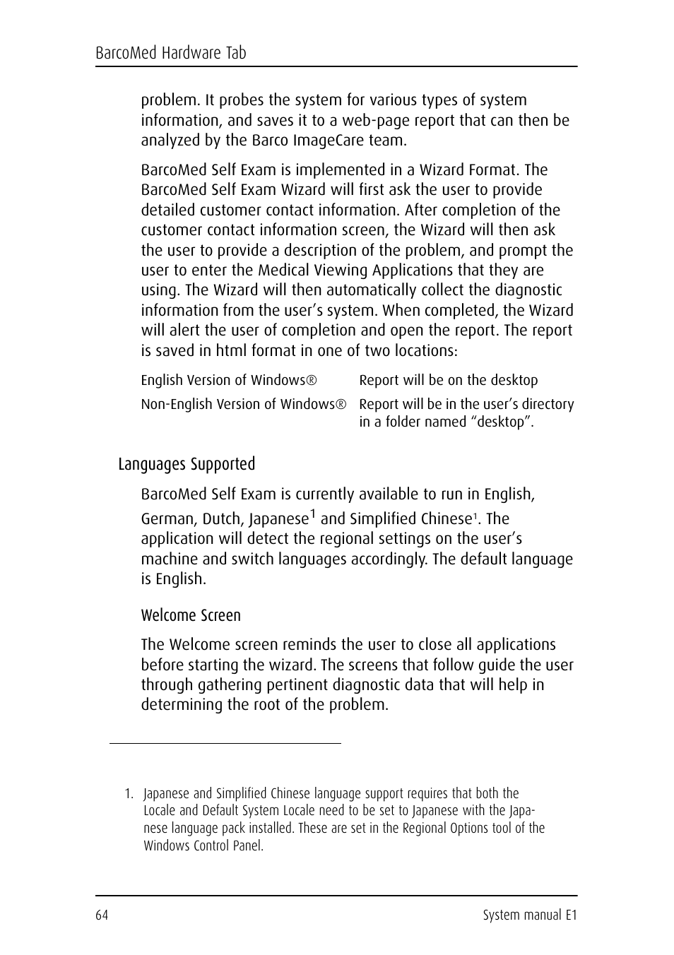 Languages supported, Welcome screen | Barco E1 User Manual | Page 63 / 124