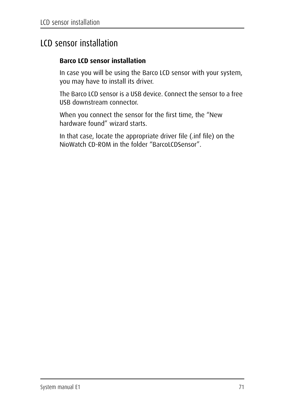 Lcd sensor installation, Barco lcd sensor installation | Barco E1 User Manual | Page 70 / 124