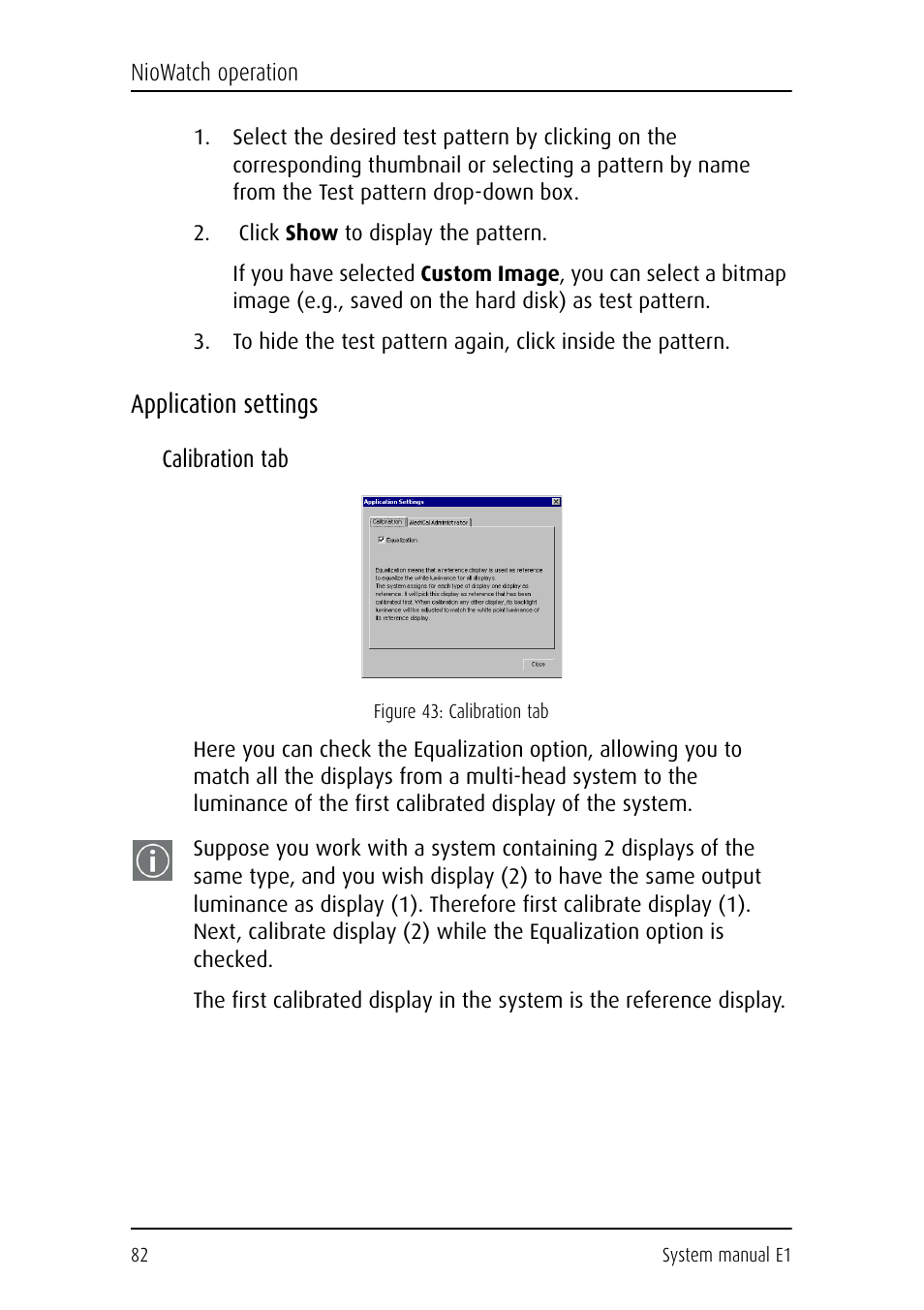 Click show to display the pattern, Application settings, Calibration tab | Barco E1 User Manual | Page 81 / 124