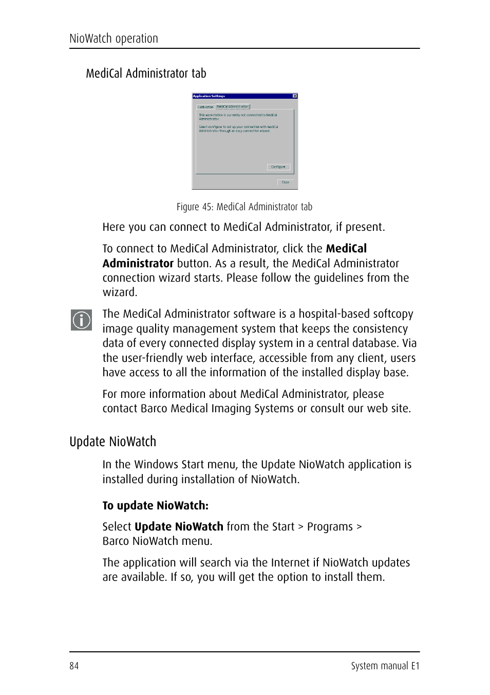 Medical administrator tab, Update niowatch, To update niowatch | Barco E1 User Manual | Page 83 / 124