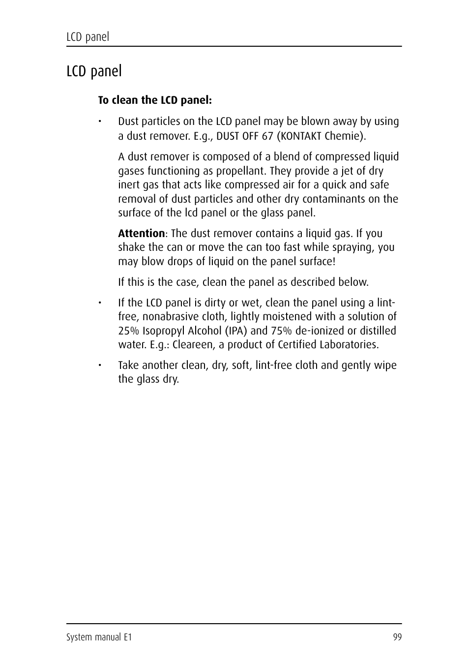 Lcd panel, To clean the lcd panel | Barco E1 User Manual | Page 98 / 124