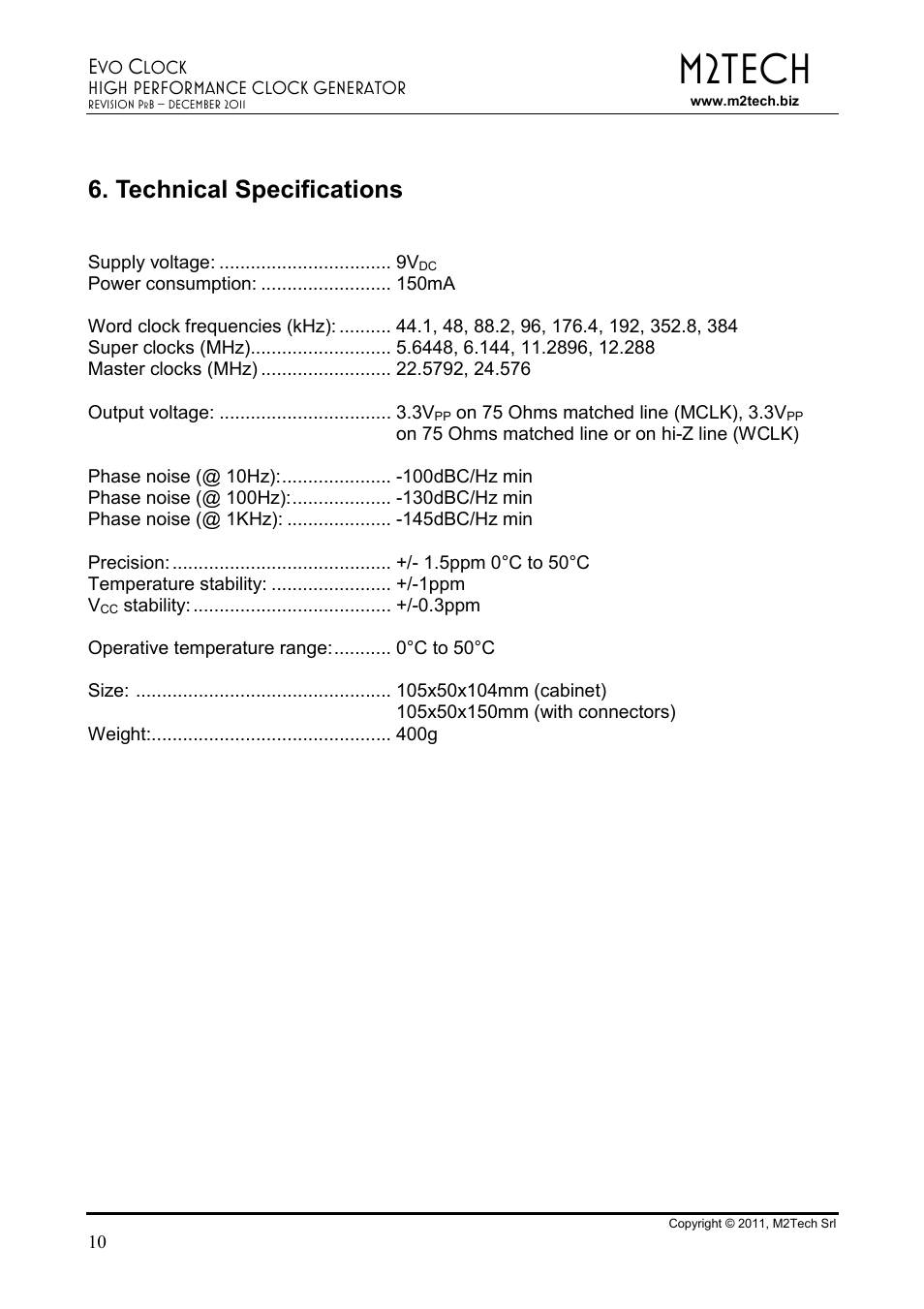 M2tech, Technical specifications | M2TECH Evo Clock User Manual | Page 10 / 10