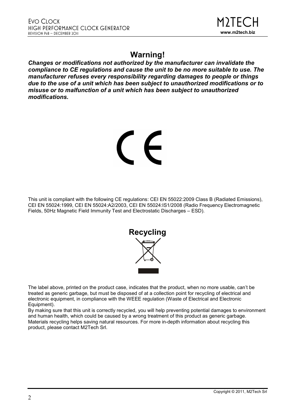 M2tech, Warning, Recycling | M2TECH Evo Clock User Manual | Page 2 / 10