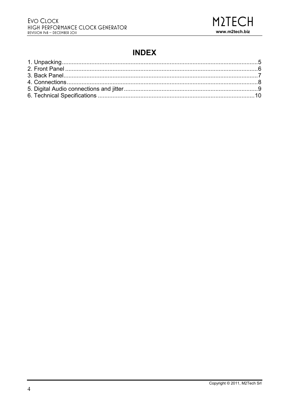 M2tech, Index | M2TECH Evo Clock User Manual | Page 4 / 10